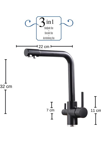 3 Yollu Musluk Su Arıtma Musluğu Üç Yollu Çoklu Musluk Siyah