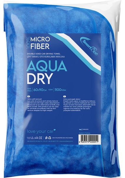 Aquadry Çift Taraflı Oto Kurulama Havlusu 60 x 90 Cm Mavi