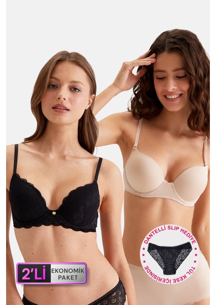 2'li Ekonomik Paket Siyah-Ten 6329-3 Lyon Balenli Double Push Up Micro Sütyen Set (Slip Hediyeli)