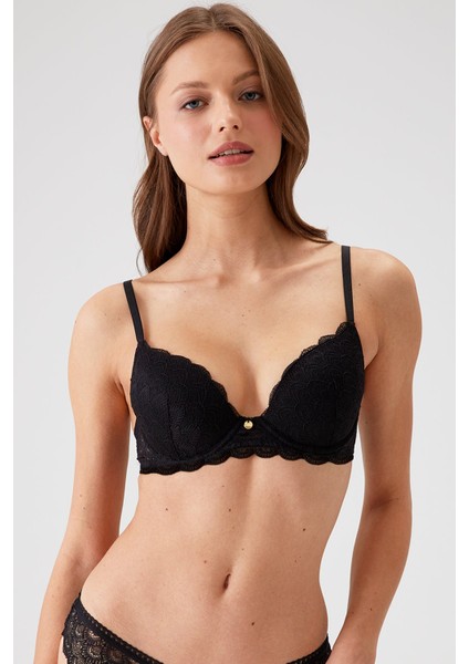 2'li Ekonomik Paket Siyah-Ten 6329-3 Lyon Balenli Double Push Up Micro Sütyen Set (Slip Hediyeli)