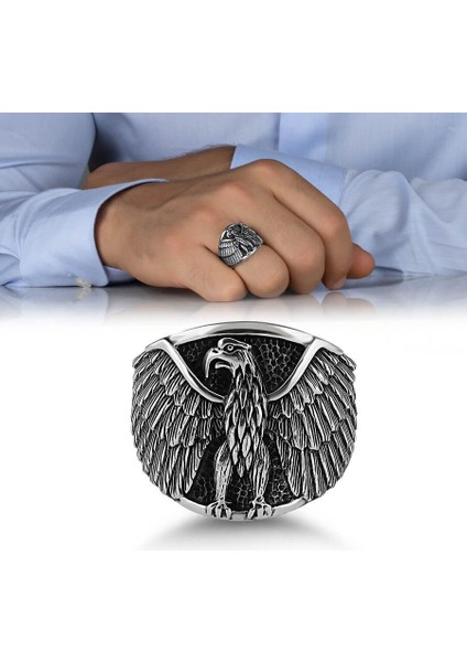 925 Ayar Gümüş Kabuğuna Sığmayan Kartal Motifli Taşsız Erkek Yüzük fiyatları