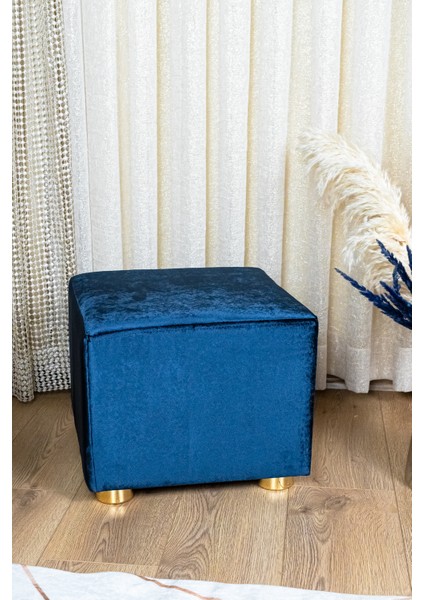 Premium Gold Ayaklı Lacivert Kadife Kumaşlı Ahşap Puf Ev Salon Mavi Puf Bench Silinebilir Puf
