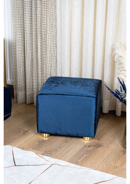 Premium Gold Ayaklı Lacivert Kadife Kumaşlı Ahşap Puf Ev Salon Mavi Puf Bench Silinebilir Puf