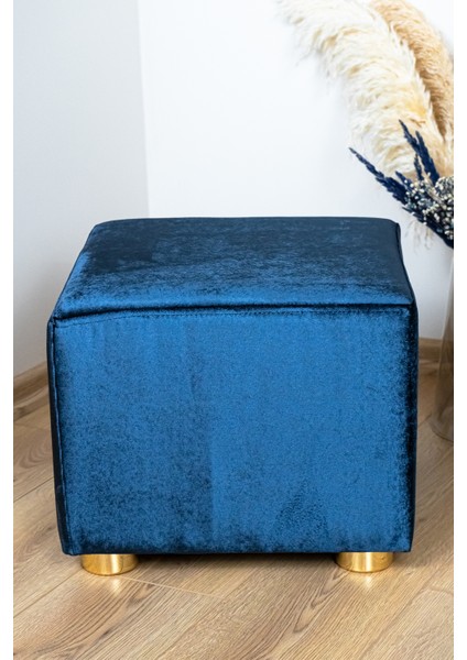 Premium Gold Ayaklı Lacivert Kadife Kumaşlı Ahşap Puf Ev Salon Mavi Puf Bench Silinebilir Puf