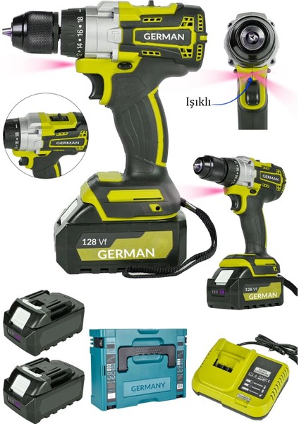 Pro Dynamic 128VF Çift Akülü Vidalama Darbeli Çelik Mandren Matkap Alman Garantili