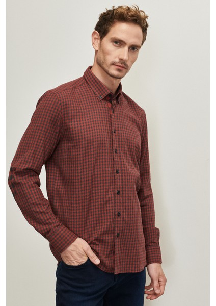 ALTINYILDIZ CLASSICS Erkek Antrasıt-kırmızı Slim Fit Dar Kesim Düğmeli Yaka Flanel Gömlek