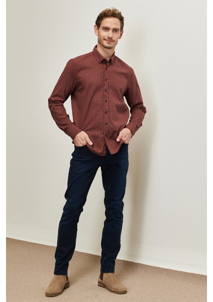 ALTINYILDIZ CLASSICS Erkek Antrasıt-kırmızı Slim Fit Dar Kesim Düğmeli Yaka Flanel Gömlek fiyatları