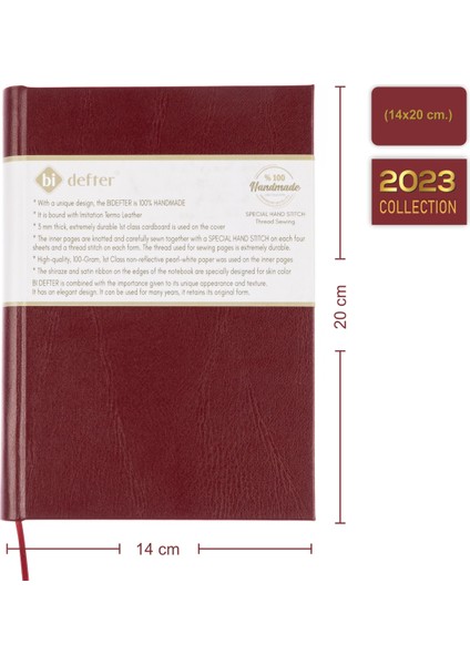 Kareli Defter - %100 El Yapımı, El Dikişi (İplik Dikiş) Özel Tasarım – Termo Deri Ciltli, “Benzersiz Ürün” A/5 Bordo