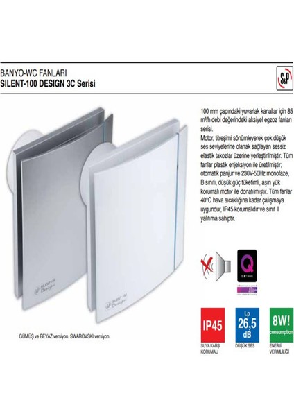 Soler Palau Silent 100 Cz Design Sessiz Dekoratif Banyo Wc Havalandırma Fanı, 85 m³/h hava debisi, Ø100 mm bağlantı çapı