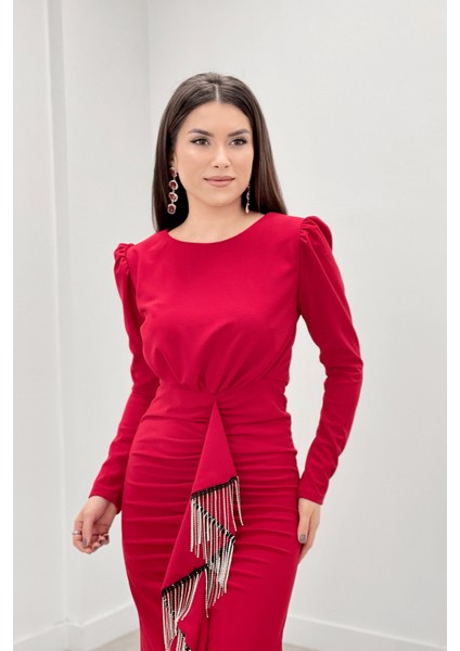 Ithal Krep Kumaş Taş Püskül Detaylı Abiye Elbise - Kırmızı modelleri