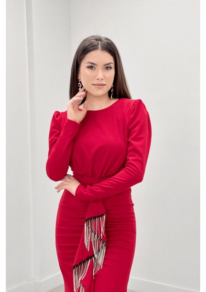 Ithal Krep Kumaş Taş Püskül Detaylı Abiye Elbise - Kırmızı fırsatları