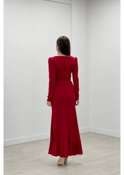Ithal Krep Kumaş Taş Püskül Detaylı Abiye Elbise - Kırmızı indirimleri