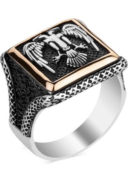 925 Ayar Gümüş Selçuklu Kartalı Kare Tasarım Taşsız Erkek Yüzük