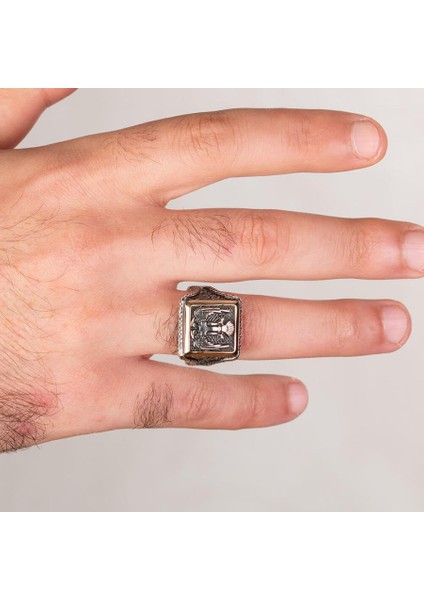 925 Ayar Gümüş Selçuklu Kartalı Kare Tasarım Taşsız Erkek Yüzük modelleri