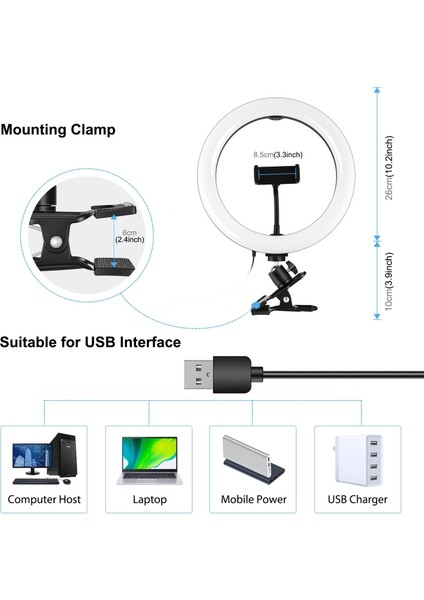 10.2 Inç 26CM Halka Işığı + Monitör Klips Kitleri - Siyah (Yurt Dışından)