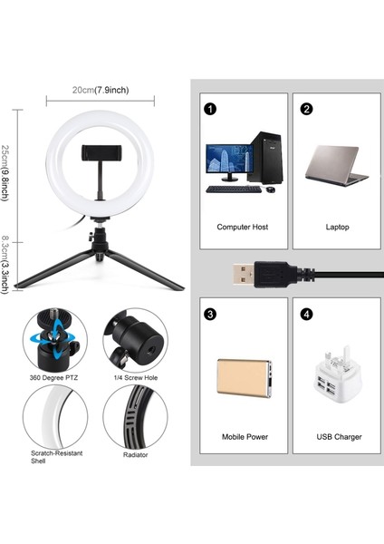 7.9 Inç 20 cm Işık + Masaüstü Tripod Montajı - Siyah (Yurt Dışından)