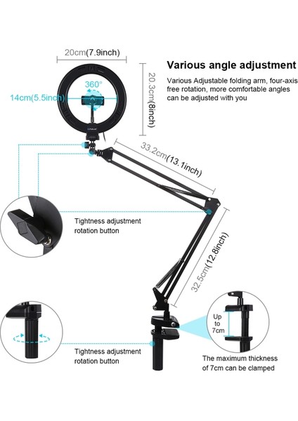 7.9 Inç 20 cm Halka Kavisli Işık + Masaüstü Kol Standı - Siyah (Yurt Dışından) modelleri