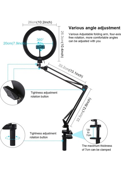 10.2 Inç 26CM Halka Kavisli Işık + Masaüstü Kol Standı - Siyah (Yurt Dışından) fırsatları