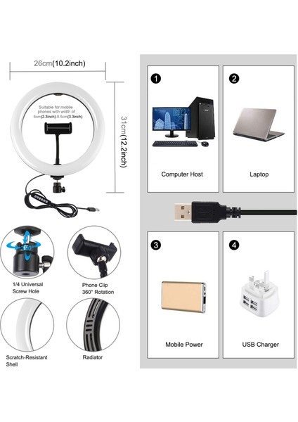 10.2 Inç 26CM Rgbw Dimmable LED Halka Işığı - Siyah (Yurt Dışından) indirimleri