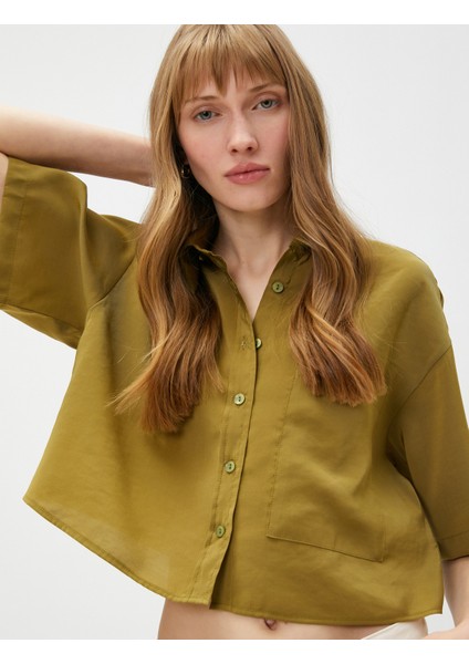 Oversize Crop Gömlek Cepli Kısa Kollu Modal Karışımlı