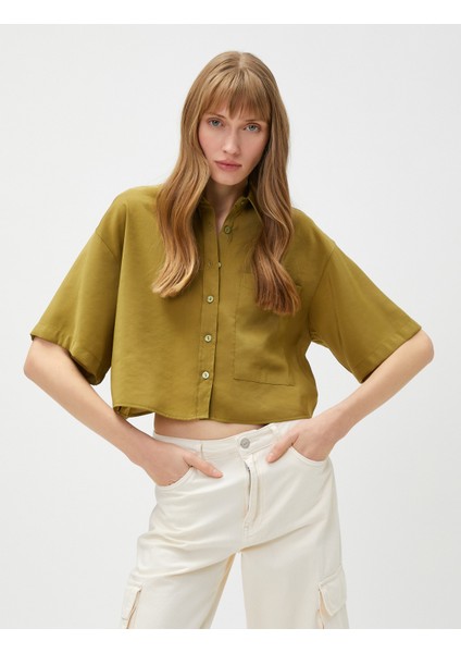 Oversize Crop Gömlek Cepli Kısa Kollu Modal Karışımlı