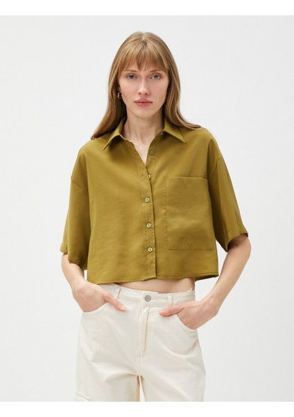 Oversize Crop Gömlek Cepli Kısa Kollu Modal Karışımlı