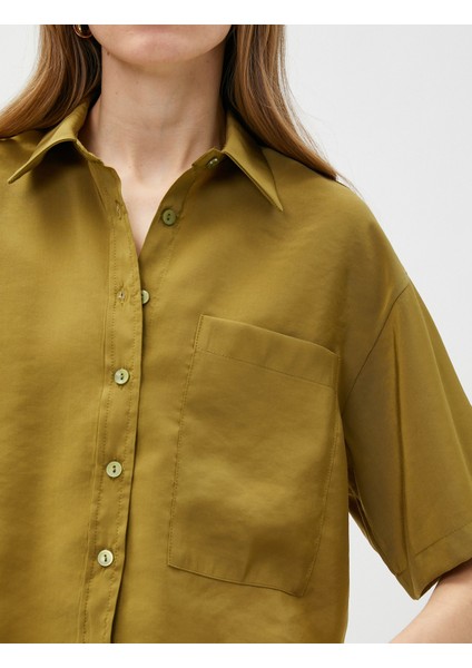 Oversize Crop Gömlek Cepli Kısa Kollu Modal Karışımlı