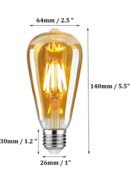 ST64 Flamanlı Rustik 6W Led Ampul 10'lu Dekoratif Vintage Aydınlatma