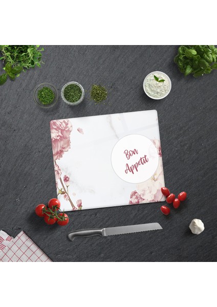 Bon Appetit | Pudra Pembe Çiçekler | Cam Kesme Tahtası - Cam Kesme Tablası | 29cm x 34cm