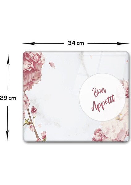 Bon Appetit | Pudra Pembe Çiçekler | Cam Kesme Tahtası - Cam Kesme Tablası | 29cm x 34cm