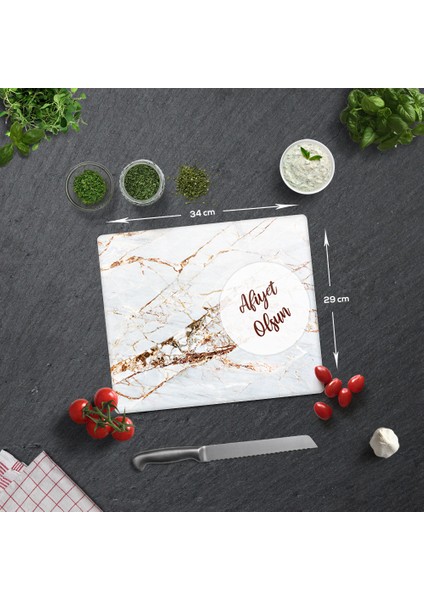 Afiyet Olsun | Gold Detaylı Mermer Görünümlü | Cam Kesme Tablası | 29 cm x 34 cm fiyatları