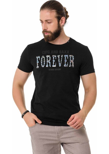CT736 Parlak Kabartmalı Siyah Tişört
