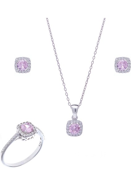 Pembe Zirkon Taşlı 925 Ayar Gümüş Kadın Üçlü Tektaş Set