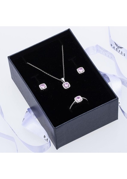 Pembe Zirkon Taşlı 925 Ayar Gümüş Kadın Üçlü Tektaş Set fiyatları
