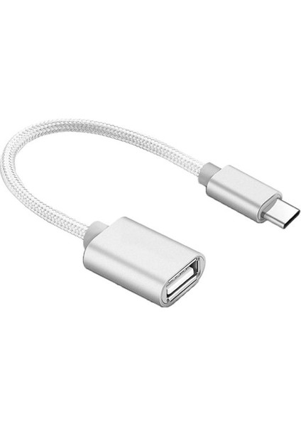 Örgülü Tip-C Erkek USB Kadın Adaptörü Otg Veri Sync Kablo Kordon Gümüş (Yurt Dışından)