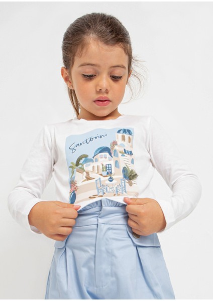Kız Çocuk Uzun Kol Tokalı T-Shirt Beyaz 3072