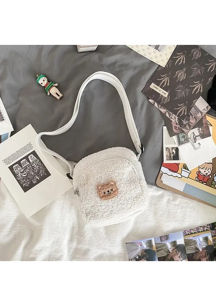 Kadın Peluş Omuz Çantası Sevimli Ayı Baskı Kuzu Gibi Kumaş Crossbody Çanta Bayanlar Bez Fermuarlı Küçük Çanta Cep Telefonu Çanta (Yurt Dışından)