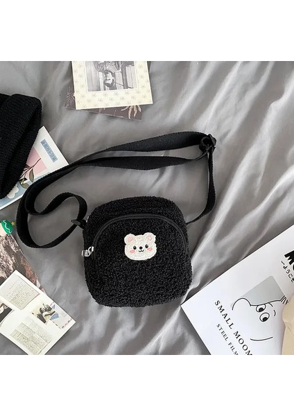 Kadın Peluş Omuz Çantası Sevimli Ayı Baskı Kuzu Gibi Kumaş Crossbody Çanta Bayanlar Bez Fermuarlı Küçük Çanta Cep Telefonu Çanta (Yurt Dışından)