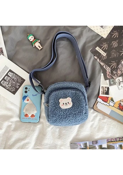 Kadın Peluş Omuz Çantası Sevimli Ayı Baskı Kuzu Gibi Kumaş Crossbody Çanta Bayanlar Bez Fermuarlı Küçük Çanta Cep Telefonu Çanta (Yurt Dışından)