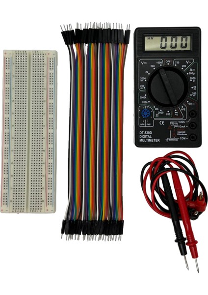 Elektronik Set Süper 3'lü 830 Pin Breadboard, 40'lı E-E Jumper ve Multimetre Ölçü Aleti 9V Pil Dahil