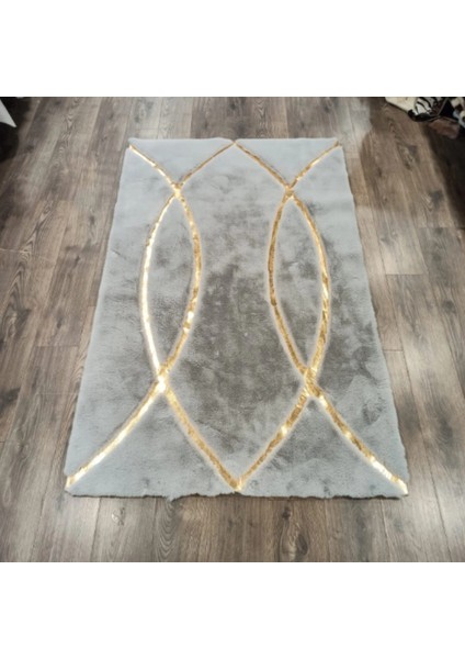 Gri Gold Bordürlü Peluş Halı 80 x 150 cm