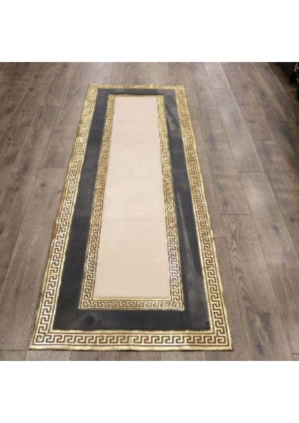 Krem Antrasit Gold Bordürlü Peluş Halı 80 x 150 cm