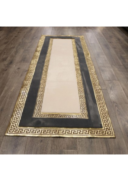 Krem Antrasit Gold Bordürlü Peluş Halı 80 x 150 cm