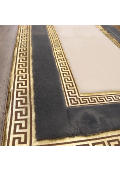 Krem Antrasit Gold Bordürlü Peluş Halı 80 x 150 cm