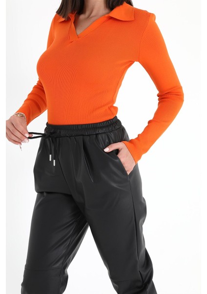 Paçası ve Beli Lastikli Pileli Deri Pantolon - Siyah