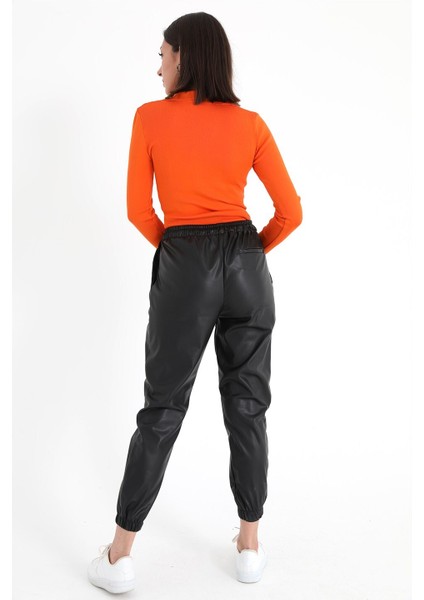 Paçası ve Beli Lastikli Pileli Deri Pantolon - Siyah modelleri