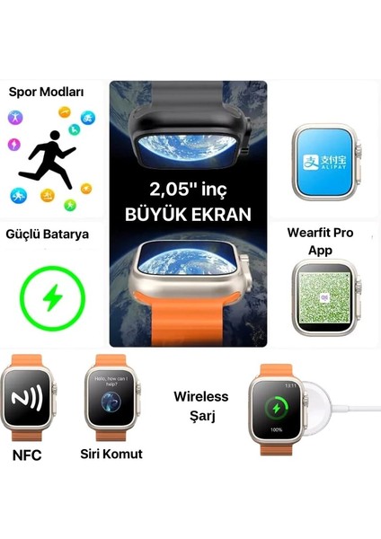 Watch 8 Ultra Max Vidalı-Kordon Kilitlemeli Akıllı Saat Iphone ve Android Tüm Telefonlara Uyumlu