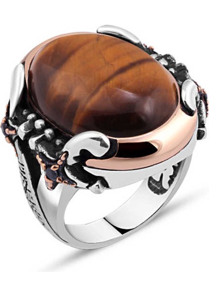 Kapşonlu Kaplan Gözü Taşlı Kenarları Kılıçlı Erkek Yüzük