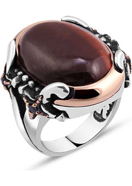 Kaplan Gözü Taşlı Kenarları Kılıçlı Erkek Yüzük