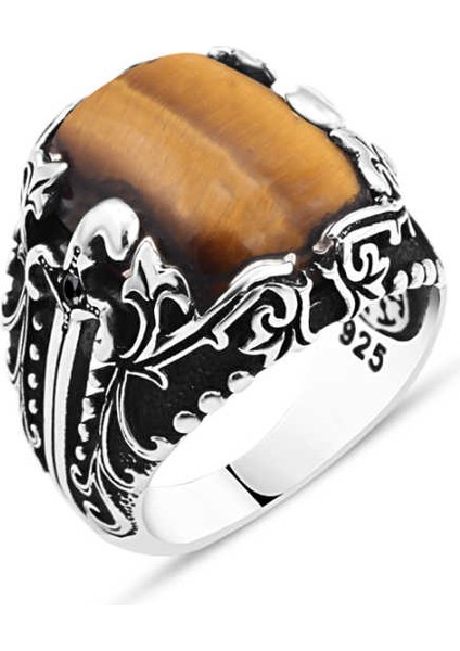 Kaplan Gözü Taşlı Yanları Kılıç Tasarımlı Erkek Yüzük